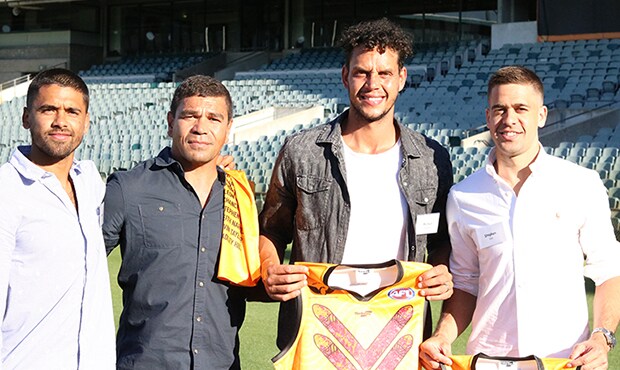 NoongarDockers_HERO_620px.jpg Fremantle players presented with their Nyoongar Team of Champions jumper on Sunday. (Picture: Les Everett) - Michael Johnson,Stephen Hill,Bradley Hill,Jeff Farmer,Fremantle